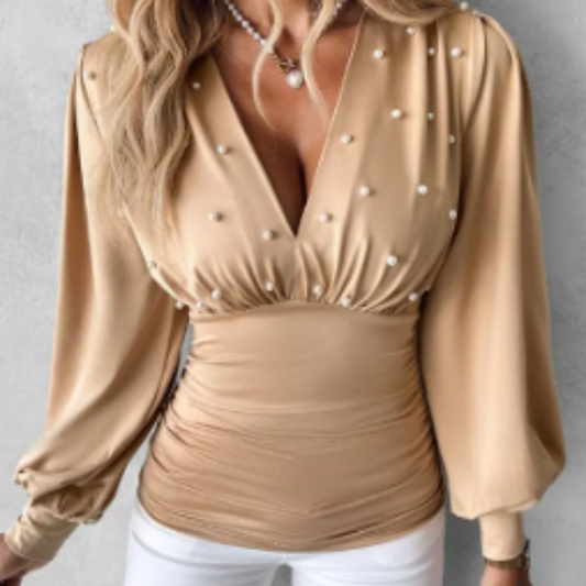 Beaded Plunge Lantern Sleeve Ruched Top | Women Long Sleeve Blouses | Beaded Plunge Lantern Sleeve Ruched Top, Blouses, lantern sleeve top, Long Sleeve Blouses, women blouse, Women Blouses | ZiiZiiChic