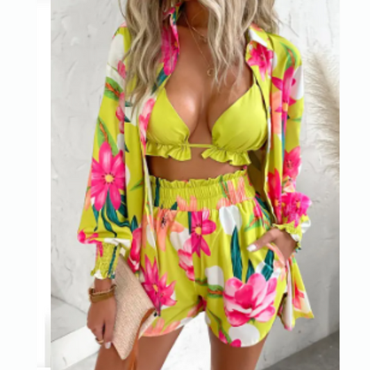 3PCS Lantern Sleeve Shirt & Floral Print Shorts Set With Crop Top | Women Outfit Sets | #CasualChic, #CropTop, #DailyWear, #FloralPrintShorts, #LanternSleeveSet, #VacationOutfit | ZiiZiiChic
