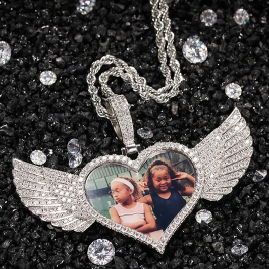 Custom Love Heart Wings Photo Pendant Necklace | Women Accessories | #14KGoldPlated, #ChristmasGift, #CustomMade, #EasterGift, #HalloweenGift, #PartyAccessories, #PendantNecklaces, #ThanksgivingGift, #UnisexJewelry, #ValentinesDayGift | ZiiZiiChic