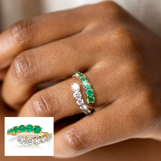 Emerald Green Double Wave Ring Band Anniversary Ring | Women Accessories | #14KGoldPlated, #AnniversaryRing, #DoubleWaveRing, #EmeraldGreenRing, #NickelFree, #ProngSetting, #RhodiumPlated, #SapphireStones, #SterlingSilver | ZiiZiiChic
