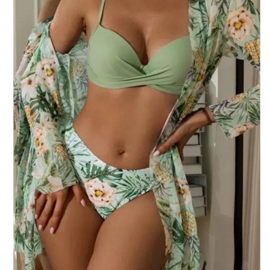 3PCS Tropical Floral Print Crisscross Bikini Set With Cover Up | Women three Pieces | #Beachwear, #BikiniSet, #CoverUp, #CrissCrossDetailing, #FloralPrint, #Swimwear, #TropicalPrint, #VacationStyle | women swimwear