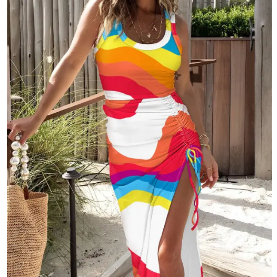 Rainbow Stripe Print Drawstring High Slit Casual Dress | women dresses | #CasualFashion, #DrawstringDress, #HighSlitDress, #RainbowDress, #RainbowPrint, #VacationStyle | ZiiZiiChic